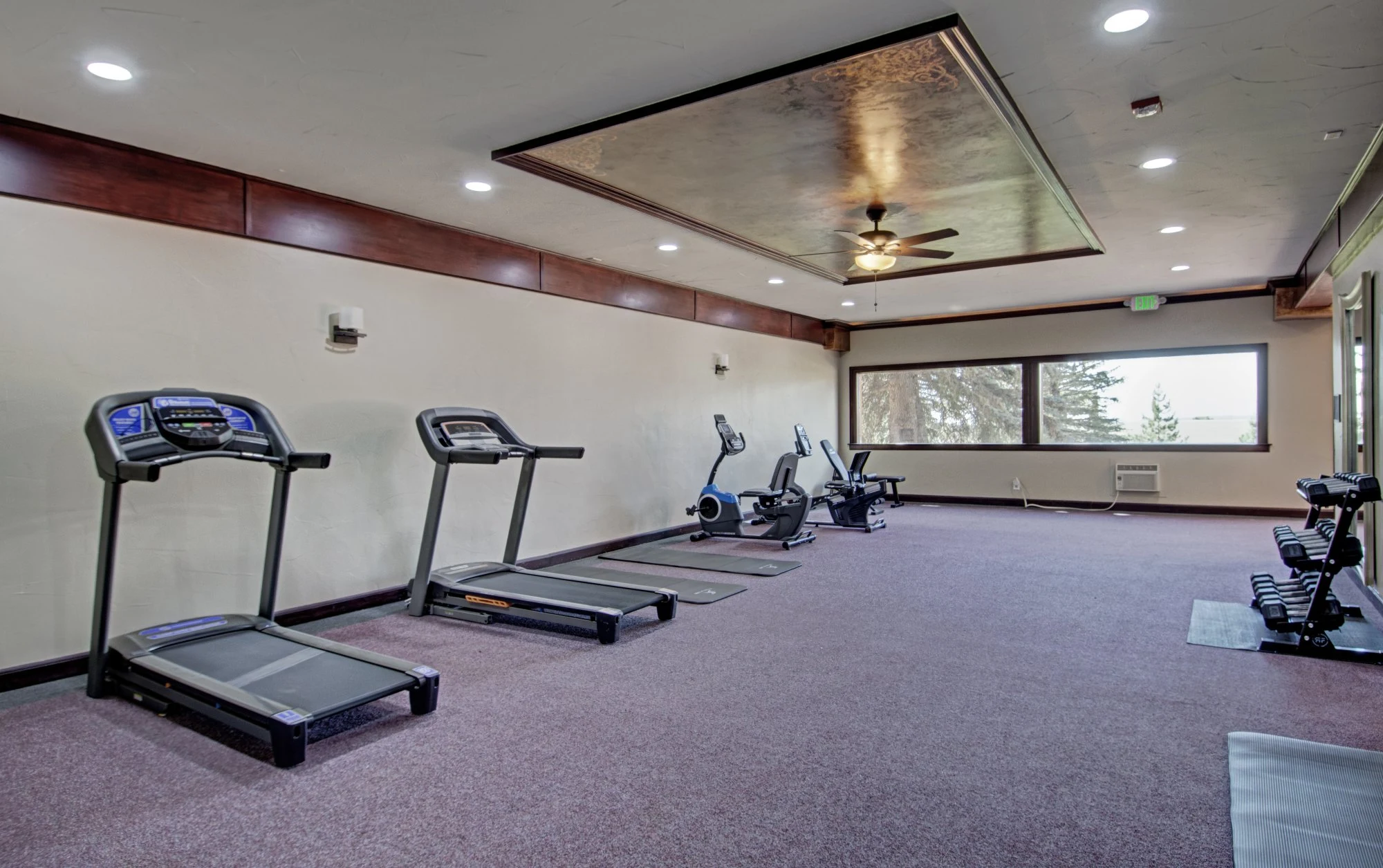 Mountain Springs Recovery fitness room with treadmills, exercise bikes and a window